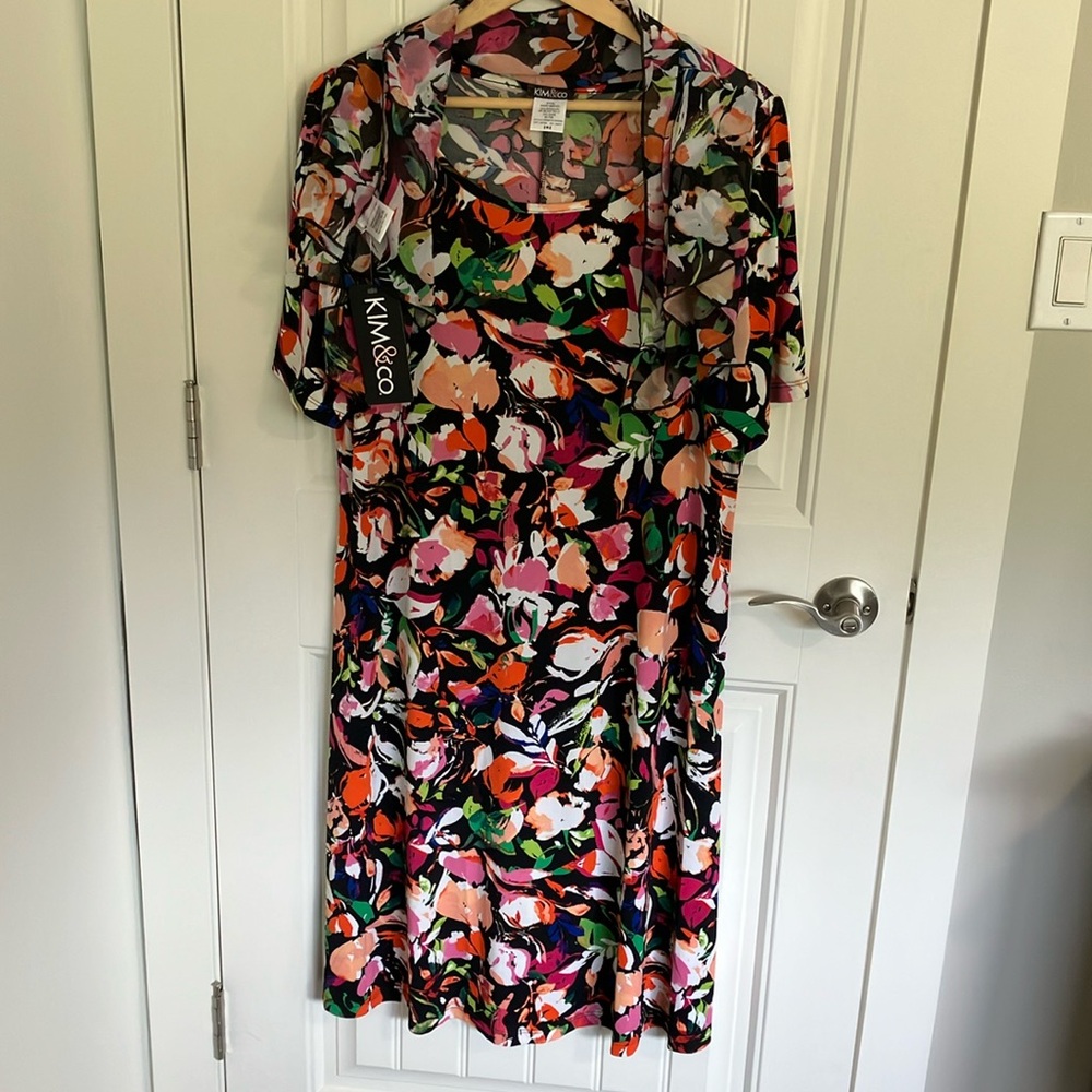 KIM & CO DRESS A-Line Scoop Neck BLACK Floral XL BONUS WRAP NEW